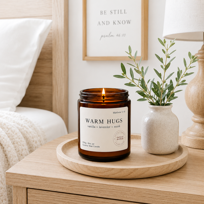 Warm Hugs coconut wax candle creating a cozy bedroom atmosphere with soft neutral décor.